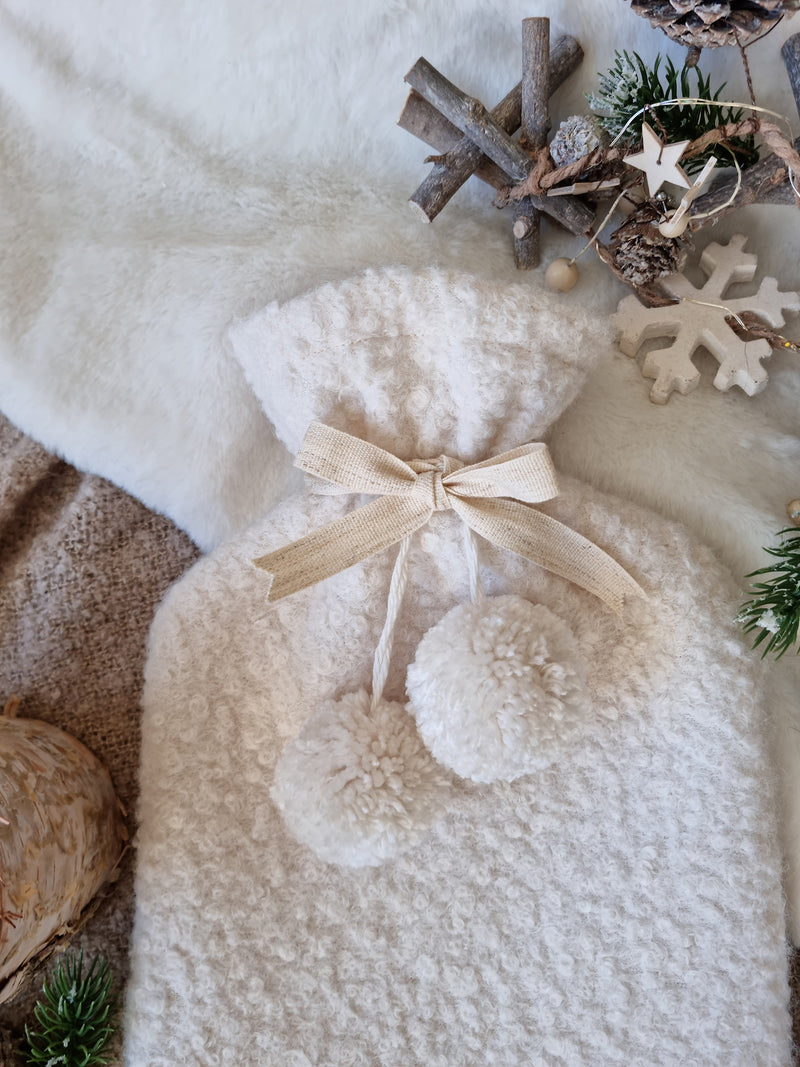 Boucle Hot Water Bottle with matching pom poms